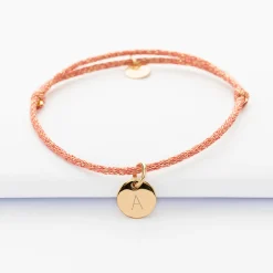 Bracelet personnalisé cordon pailleté médaille gravée plaqué or initiale 10 mm