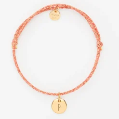 Bracelet personnalisé cordon pailleté médaille gravée plaqué or initiale 10 mm