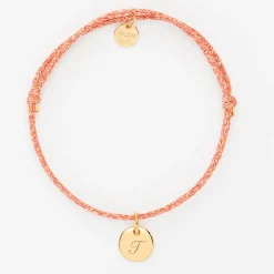 Bracelet personnalisé cordon pailleté médaille gravée plaqué or initiale 10 mm