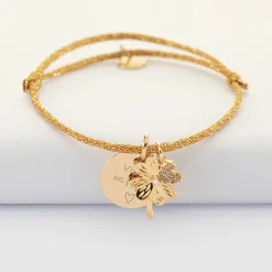 Bracelet personnalisé cordon pailleté médaille gravée plaqué or 15 mm et breloque trèfle scintillant 15 mm