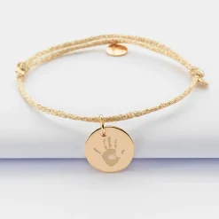 Bracelet personnalisé cordon pailleté médaille gravée plaqué or 15 mm