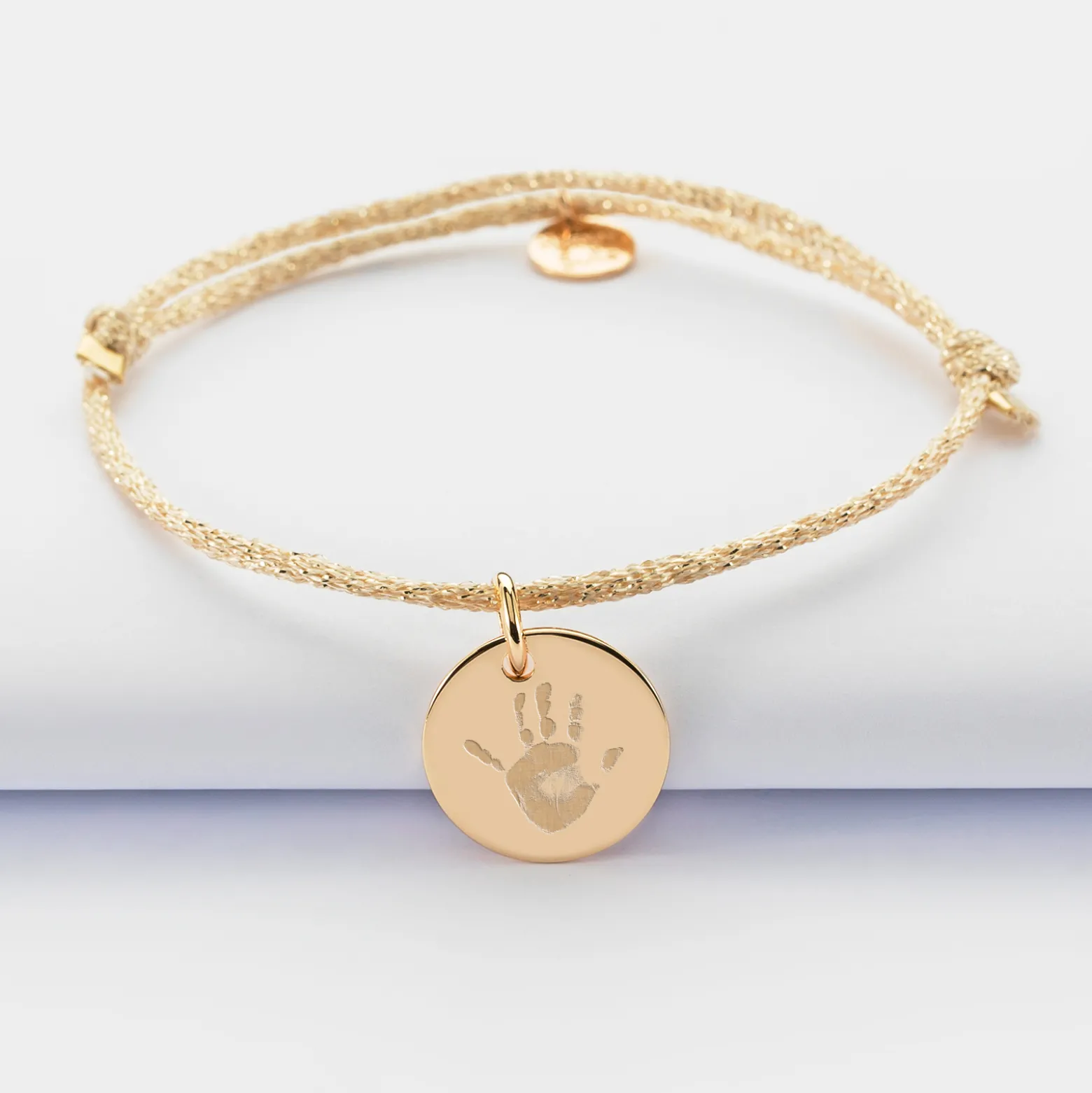 Bracelet personnalisé cordon pailleté médaille gravée plaqué or 15 mm