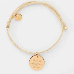 Bracelet personnalisé cordon pailleté médaille gravée plaqué or 15 mm