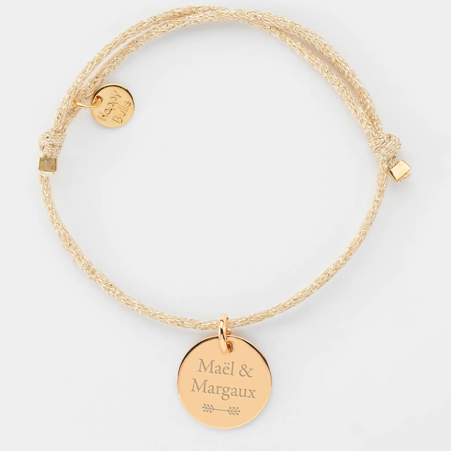 Bracelet personnalisé cordon pailleté médaille gravée plaqué or 15 mm