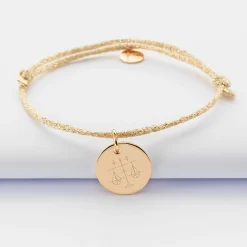 Bracelet personnalisé cordon pailleté médaille gravée plaqué or 15 mm