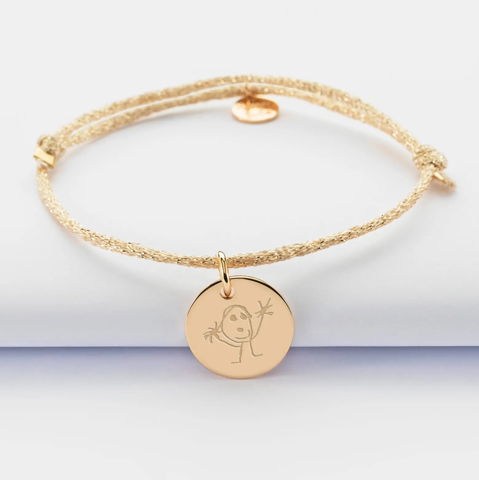 Bracelet personnalisé cordon pailleté médaille gravée plaqué or 15 mm