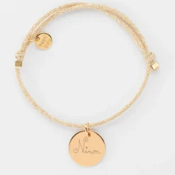 Bracelet personnalisé cordon pailleté médaille gravée plaqué or 15 mm