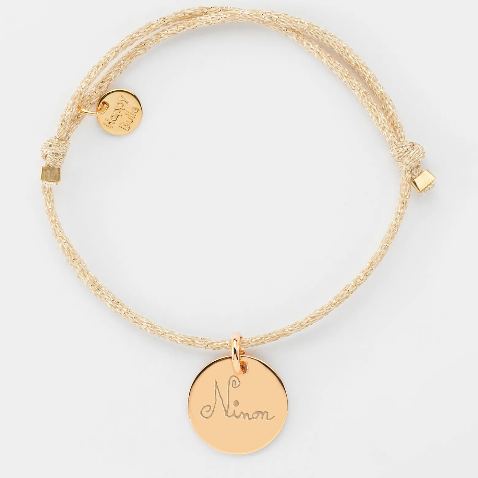 Bracelet personnalisé cordon pailleté médaille gravée plaqué or 15 mm
