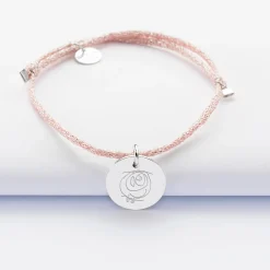 Bracelet personnalisé cordon pailleté médaille gravée argent 15 mm