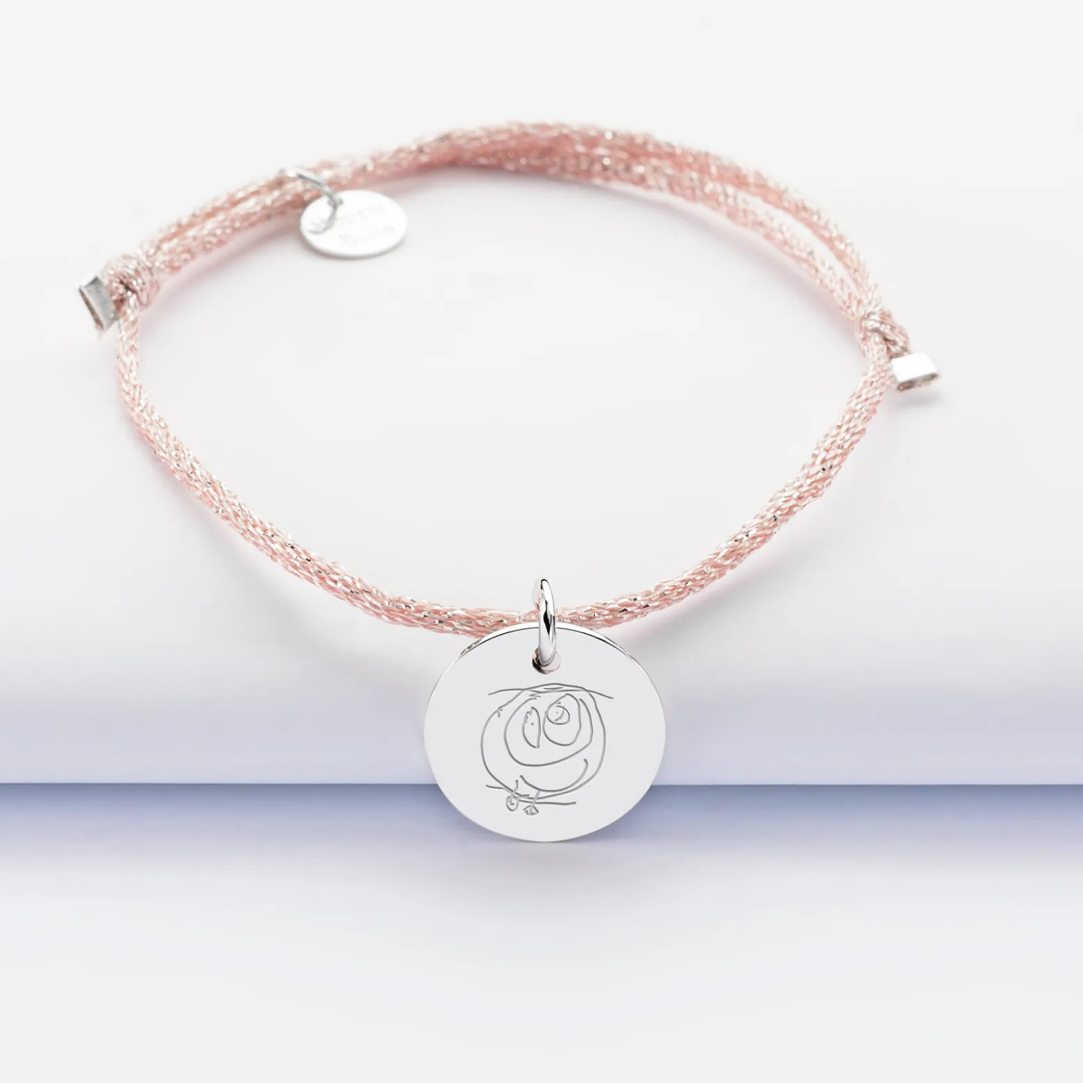 Bracelet personnalisé cordon pailleté médaille gravée argent 15 mm