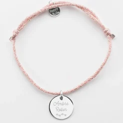 Bracelet personnalisé cordon pailleté médaille gravée argent 15 mm