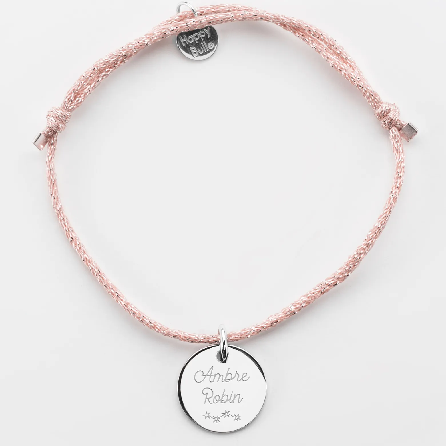 Bracelet personnalisé cordon pailleté médaille gravée argent 15 mm