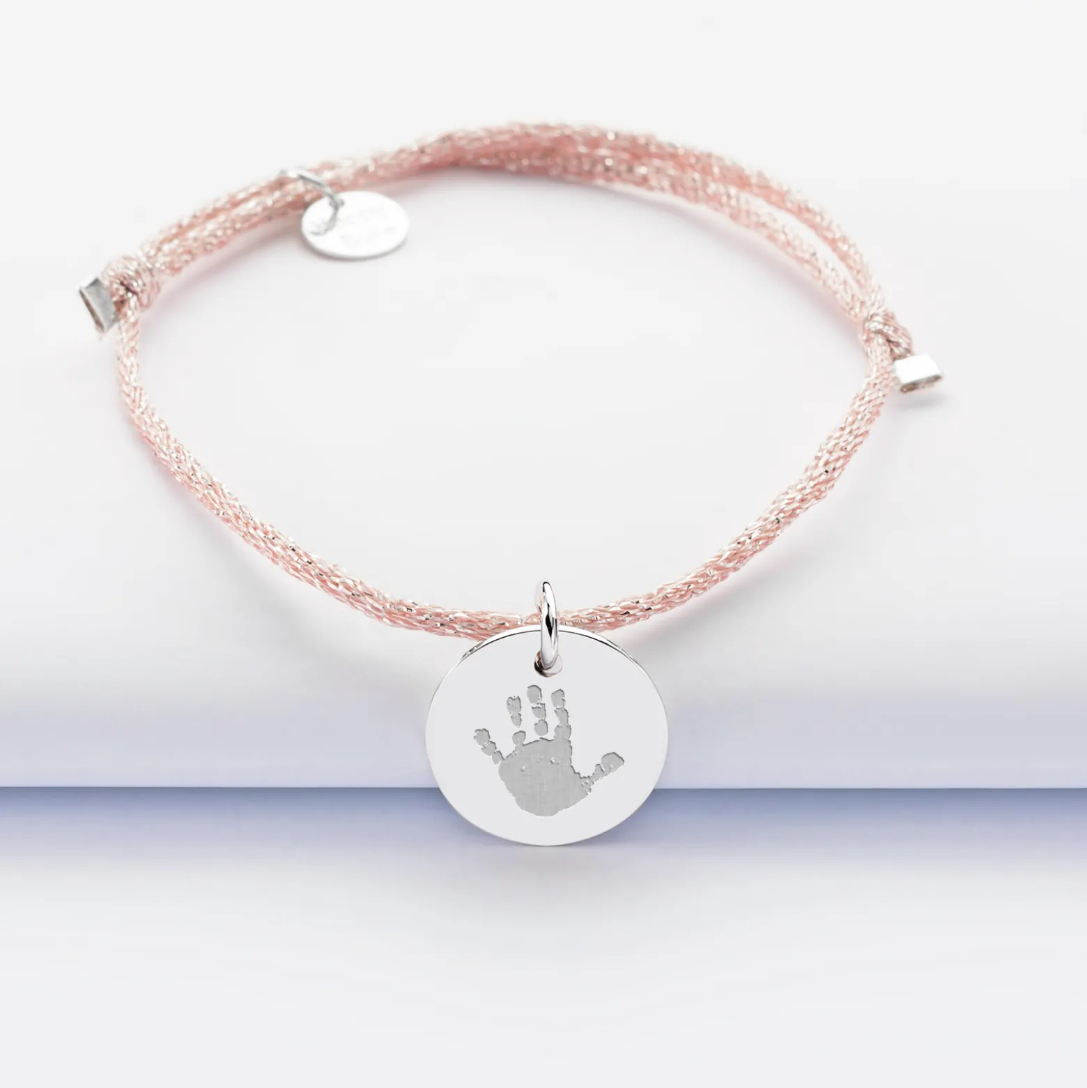 Bracelet personnalisé cordon pailleté médaille gravée argent 15 mm