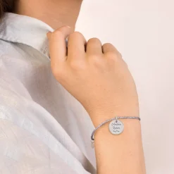 Bracelet personnalisé cordon pailleté médaille gravée argent 15 mm