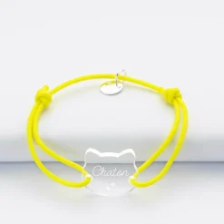 Bracelet personnalisé enfant médaille gravée acrylique 2 trous chat 17x17 mm