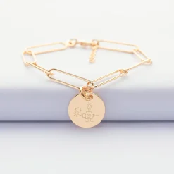 Bracelet personnalisé grandes mailles médaille gravée plaqué or 15 mm