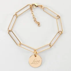 Bracelet personnalisé grandes mailles médaille gravée plaqué or 15 mm