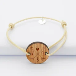 Bracelet personnalisé initiales médaille gravée bois ronde 2 trous 21 mm 