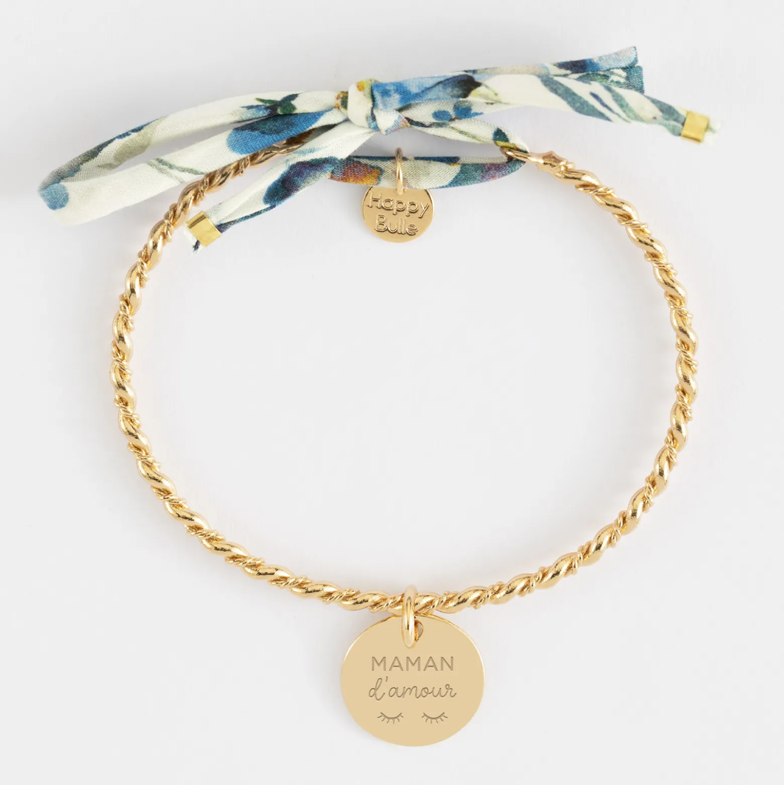 Bracelet personnalisé jonc tressé plaqué or et cordon Liberty médaille gravée 15 mm