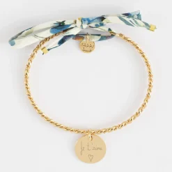 Bracelet personnalisé jonc tressé plaqué or et cordon Liberty médaille gravée 15 mm