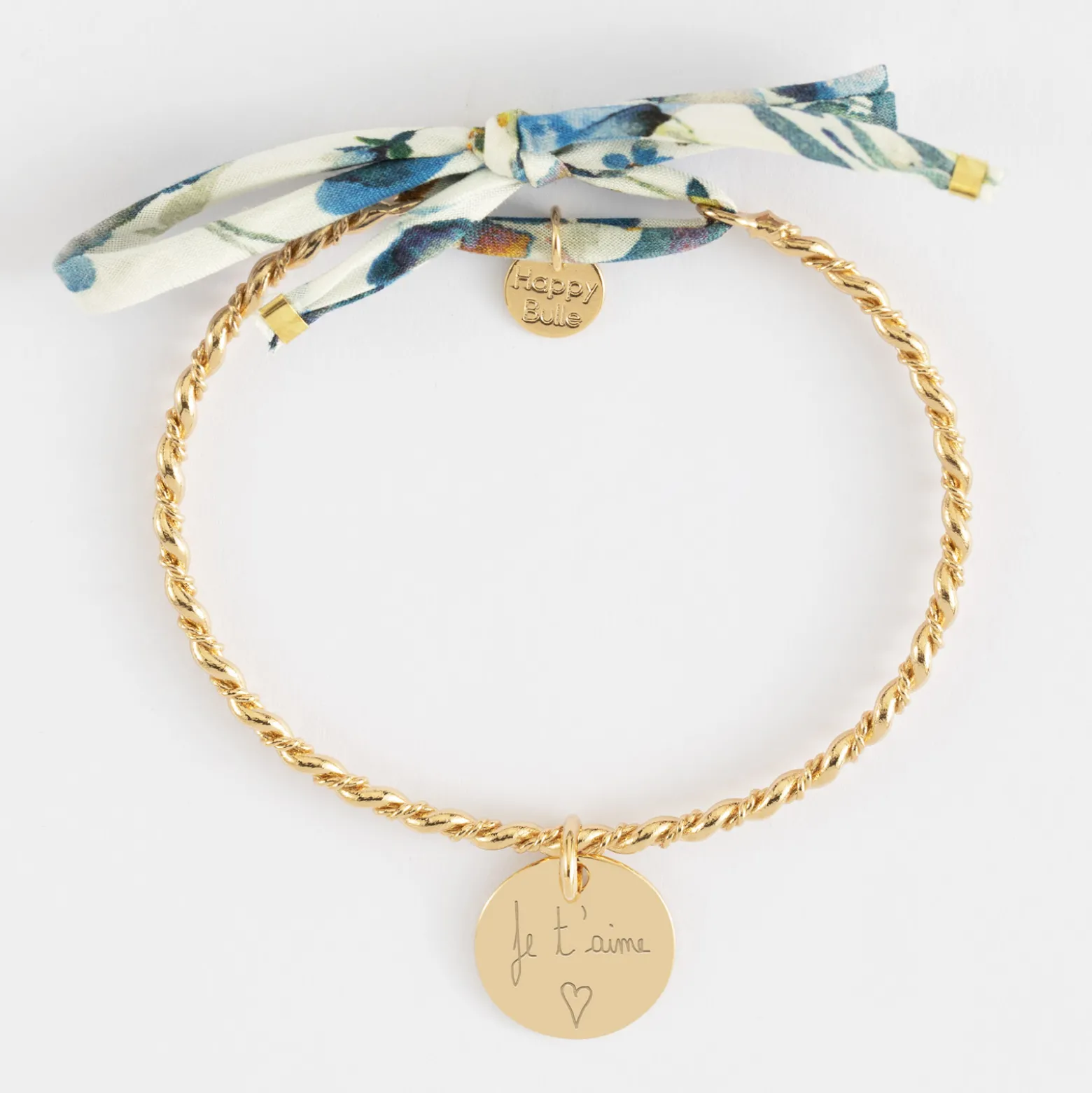 Bracelet personnalisé jonc tressé plaqué or et cordon Liberty médaille gravée 15 mm
