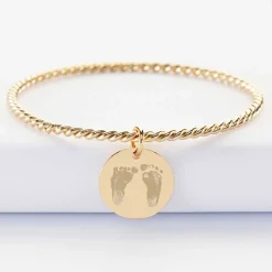 Bracelet personnalisé jonc torsadé plaqué or médaille gravée 19 mm