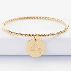 Bracelet personnalisé jonc torsadé plaqué or médaille gravée 19 mm