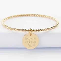 Bracelet personnalisé jonc torsadé plaqué or médaille gravée 19 mm