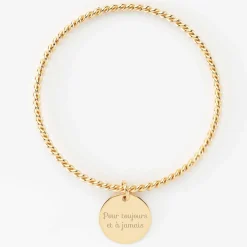 Bracelet personnalisé jonc torsadé plaqué or médaille gravée 19 mm