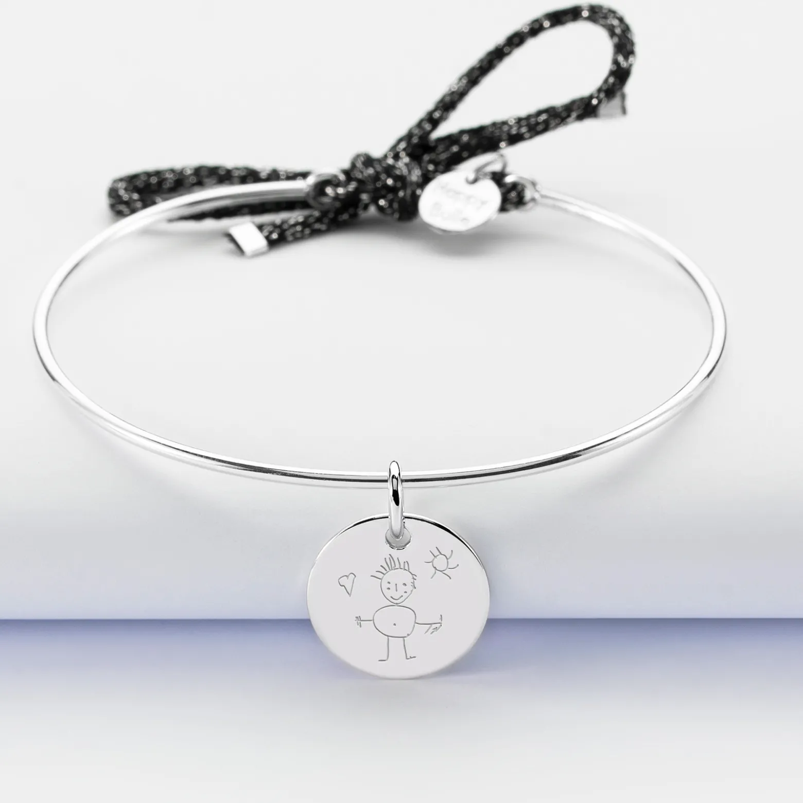 Bracelet personnalisé jonc argent et cordon pailleté médaille gravée 15 mm