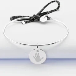 Bracelet personnalisé jonc argent et cordon pailleté médaille gravée 15 mm