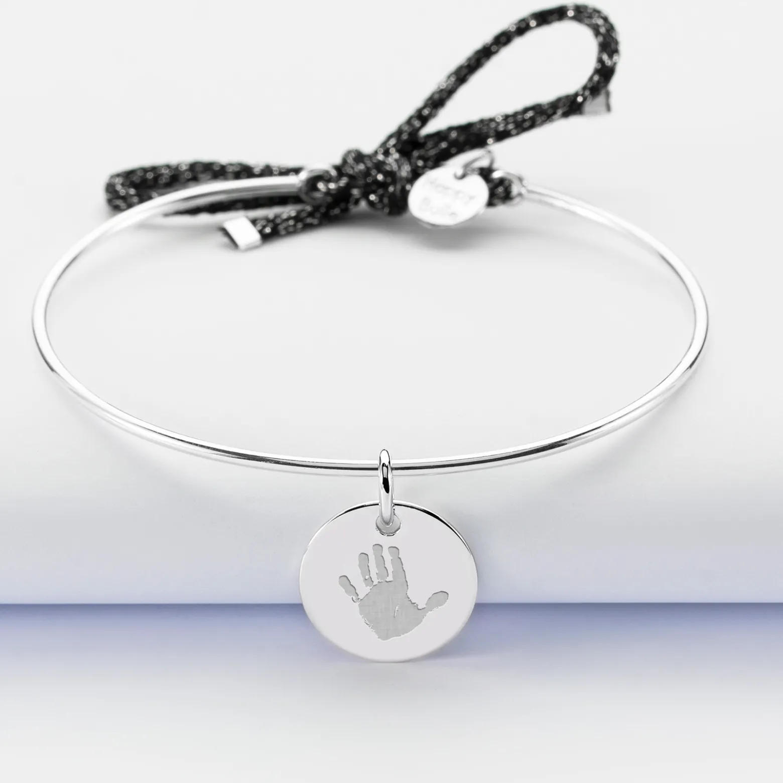 Bracelet personnalisé jonc argent et cordon pailleté médaille gravée 15 mm