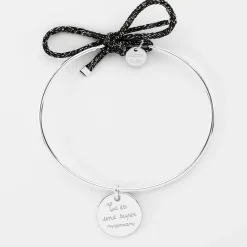 Bracelet personnalisé jonc argent et cordon pailleté médaille gravée 15 mm