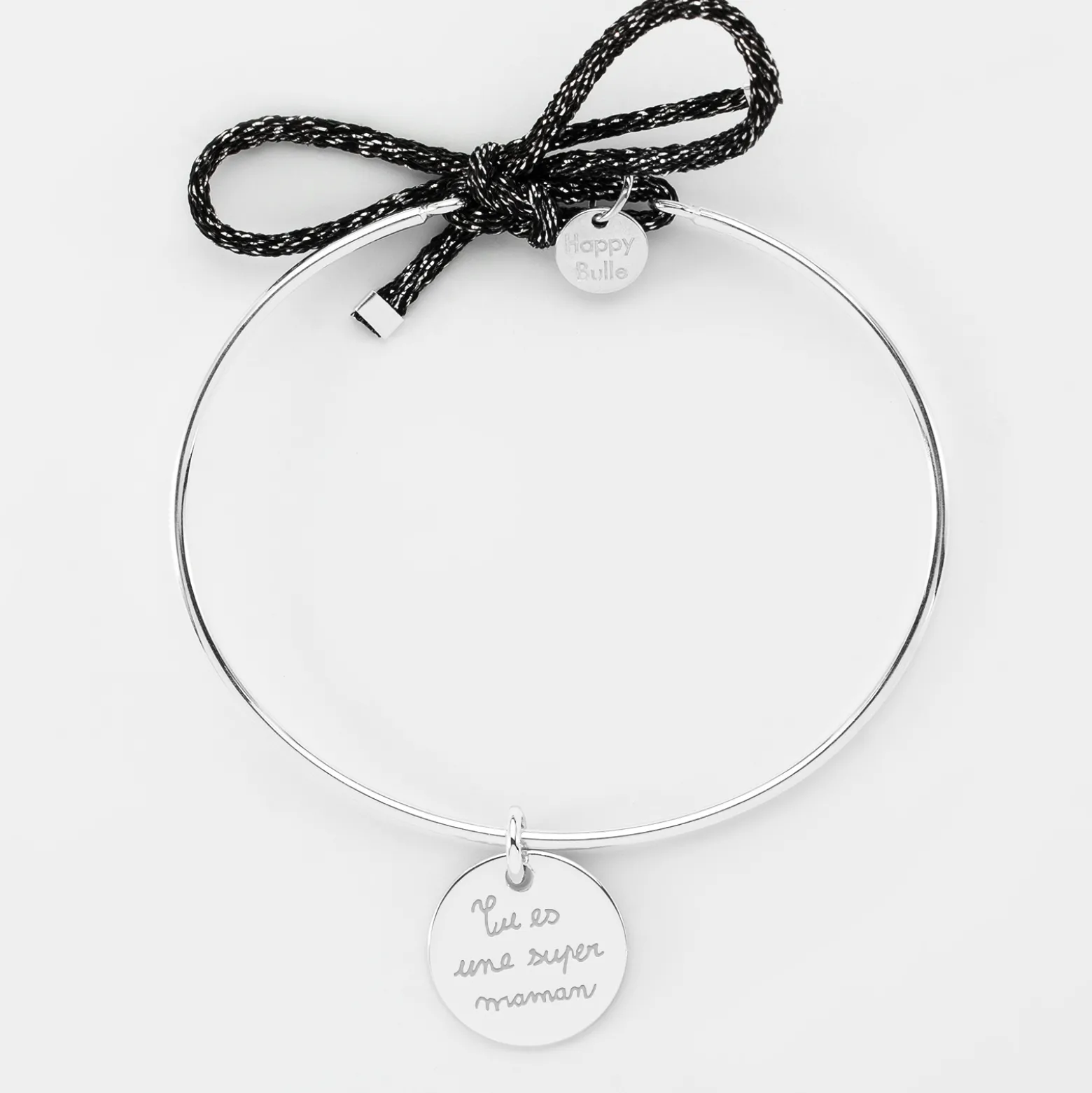 Bracelet personnalisé jonc argent et cordon pailleté médaille gravée 15 mm