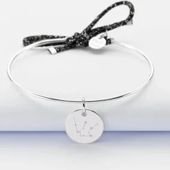 Bracelet personnalisé jonc argent et cordon pailleté médaille gravée 15 mm