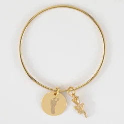 Bracelet personnalisé jonc plaqué or médaille gravée 19 mm et breloque rose 19 mm