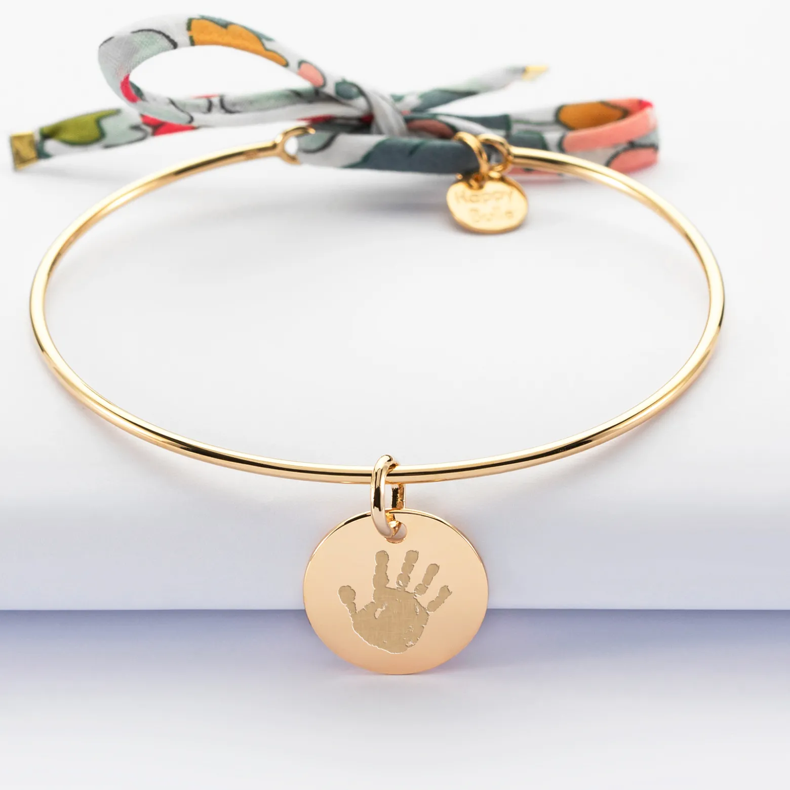 Bracelet personnalisé jonc plaqué or et cordon Liberty médaille gravée 15 mm