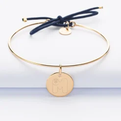 Bracelet personnalisé jonc plaqué or et cordon médaille gravée 15 mm - HappyBulle x Barbapapa