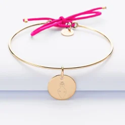 Bracelet personnalisé jonc plaqué or et cordon médaille gravée 15 mm - HappyBulle x Barbapapa