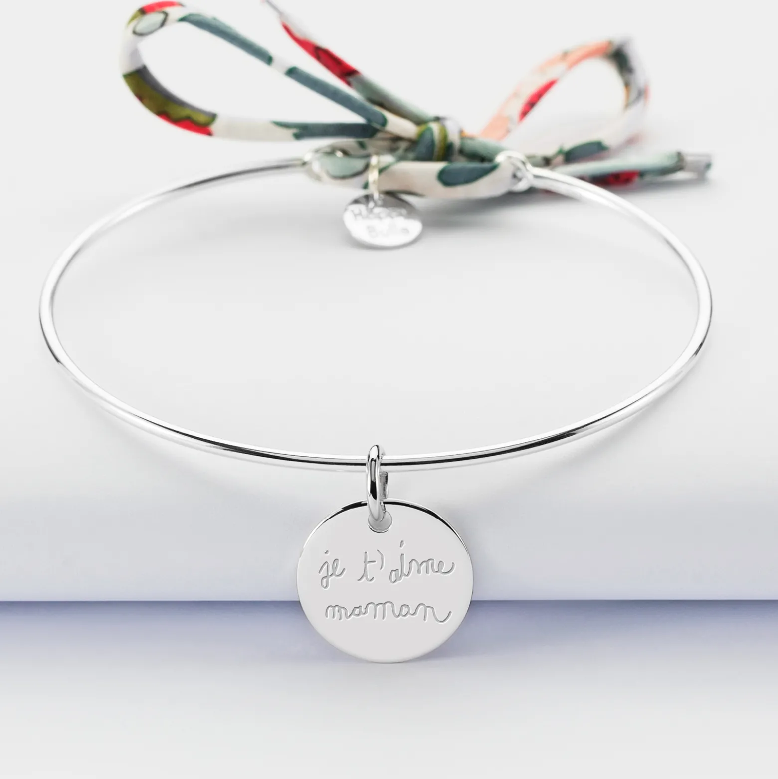 Bracelet personnalisé jonc argent et cordon Liberty médaille gravée 15 mm