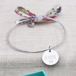 Bracelet personnalisé jonc argent et cordon Liberty médaille gravée 15 mm
