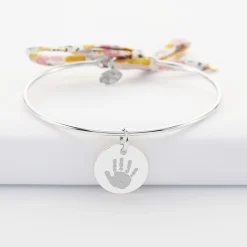 Bracelet personnalisé jonc argent et cordon Liberty médaille gravée 15 mm