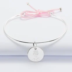 Bracelet personnalisé jonc argent et cordon médaille gravée 15 mm - HappyBulle x Barbapapa