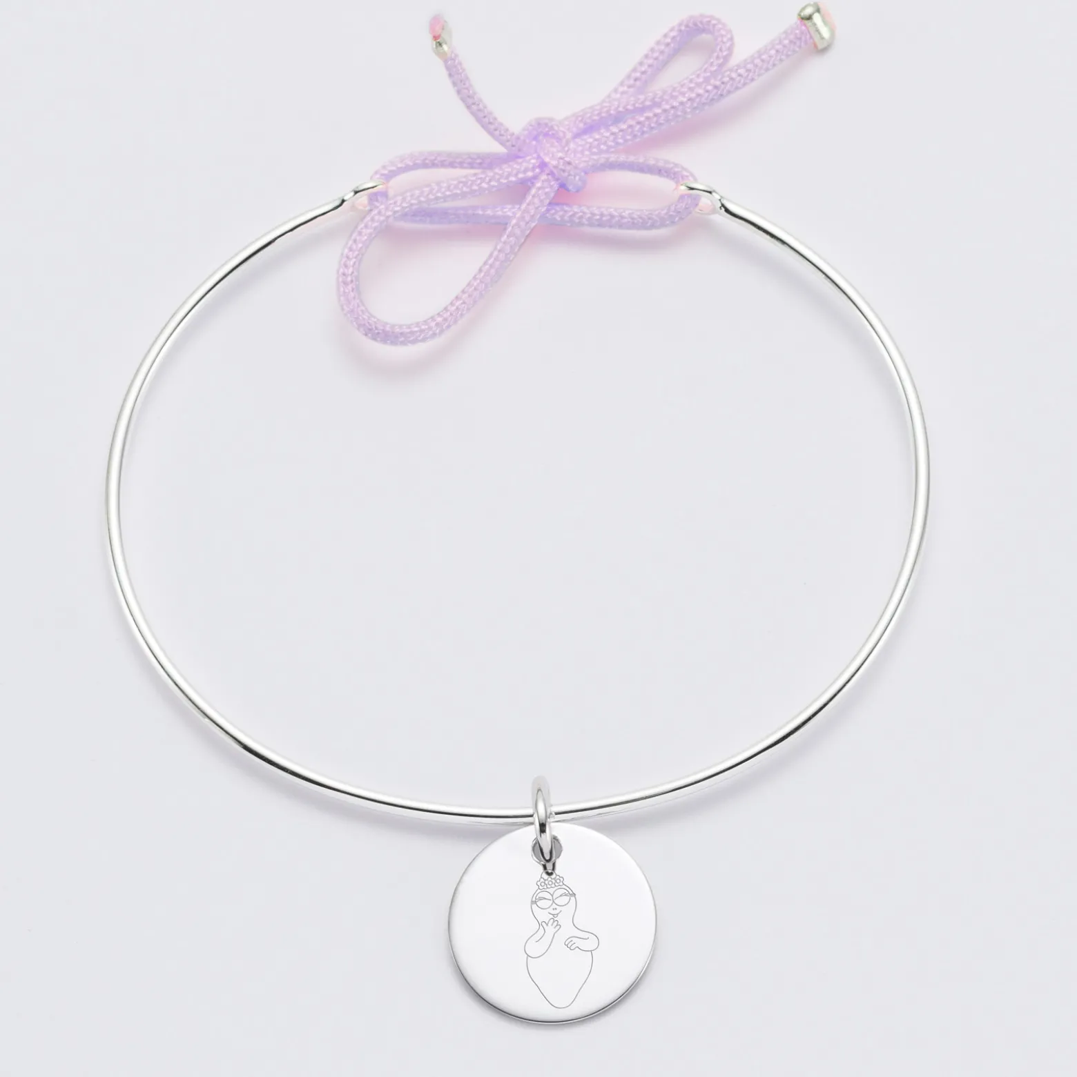 Bracelet personnalisé jonc argent et cordon médaille gravée 15 mm - HappyBulle x Barbapapa