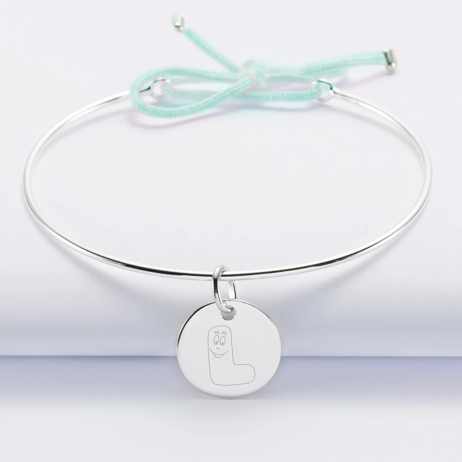 Bracelet personnalisé jonc argent et cordon médaille gravée 15 mm - HappyBulle x Barbapapa