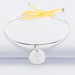 Bracelet personnalisé jonc argent et cordon médaille gravée 15 mm - HappyBulle x Barbapapa
