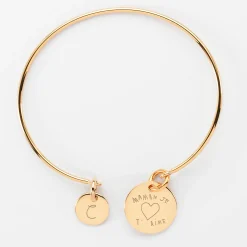 Bracelet personnalisé jonc plaqué or médaille gravée 15 mm et breloque ronde 10 mm