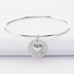 Bracelet personnalisé jonc argent médaille soleil coeur bombé gravée 19 mm