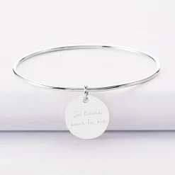 Bracelet personnalisé jonc argent médaille soleil coeur bombé gravée 19 mm
