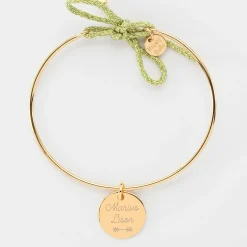 Bracelet personnalisé jonc plaqué or et cordon pailleté médaille gravée 15 mm